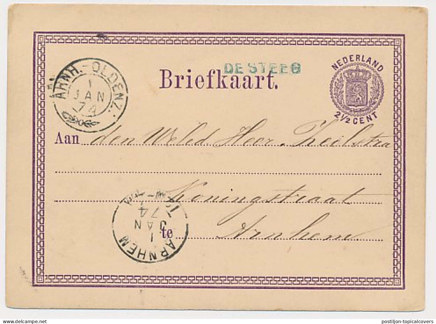 De Steeg - Trein Takjestempel Arnhem - Oldenzaal 1874 - Lettres & Documents