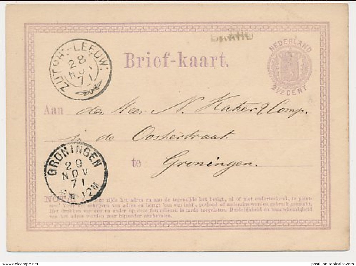 Baard - Trein Takjestempel Zutphen - Leeuwarden 1871 - Covers & Documents