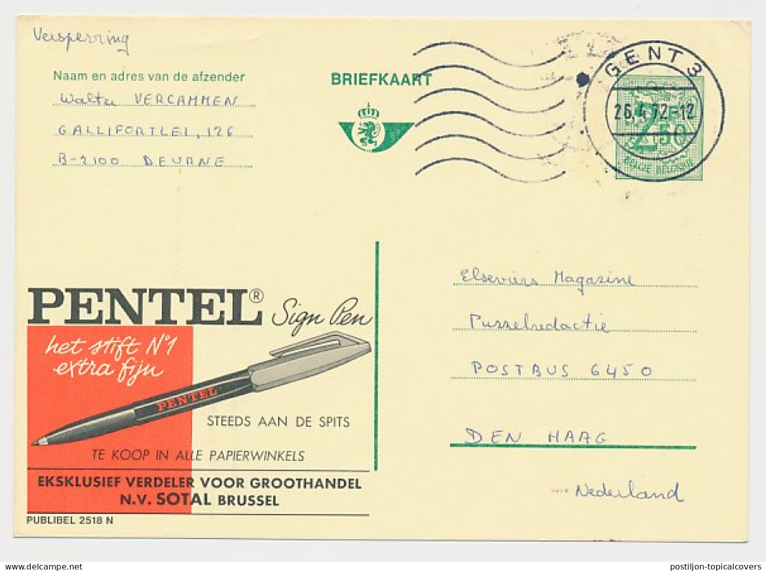 Publibel - Postal Stationery Belgium 1972 Sign Pen - Pentel - Non Classés