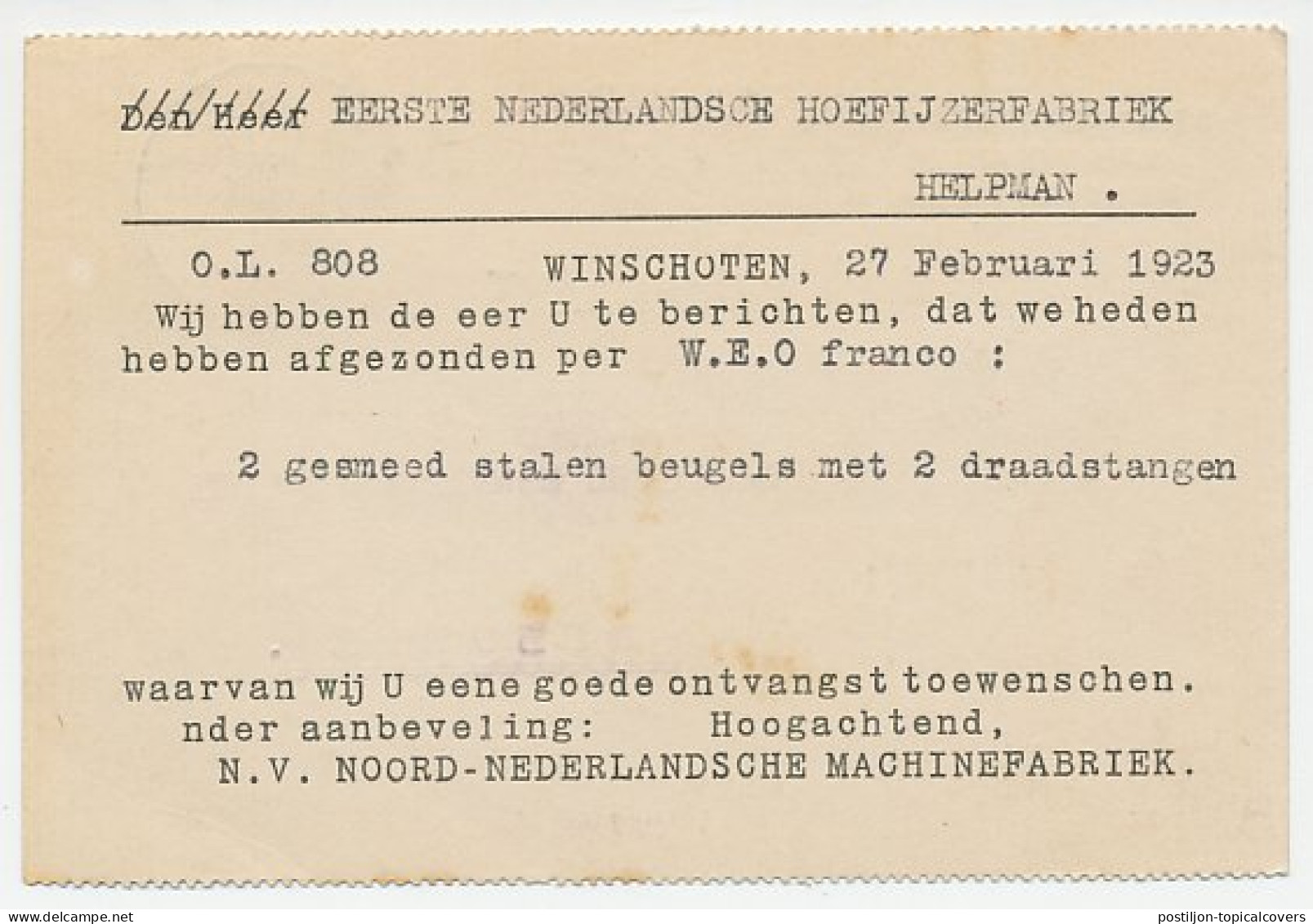 Firma Briefkaart Winschoten 1923 - Machinefabriek - Ohne Zuordnung