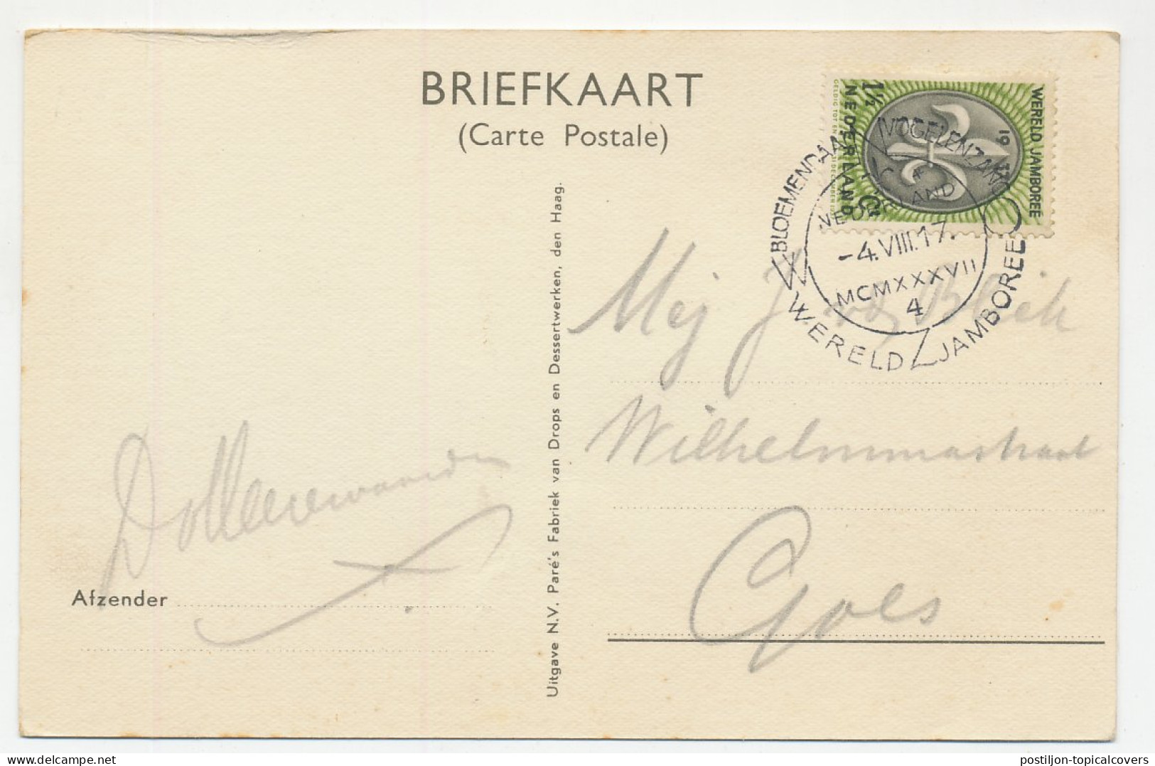 Picture Postcard / Postmark / Stamp Netherlands 1937 World Jamboree Bloememdaal - Vogelenzang 1937- Scout From Sweden - Andere & Zonder Classificatie