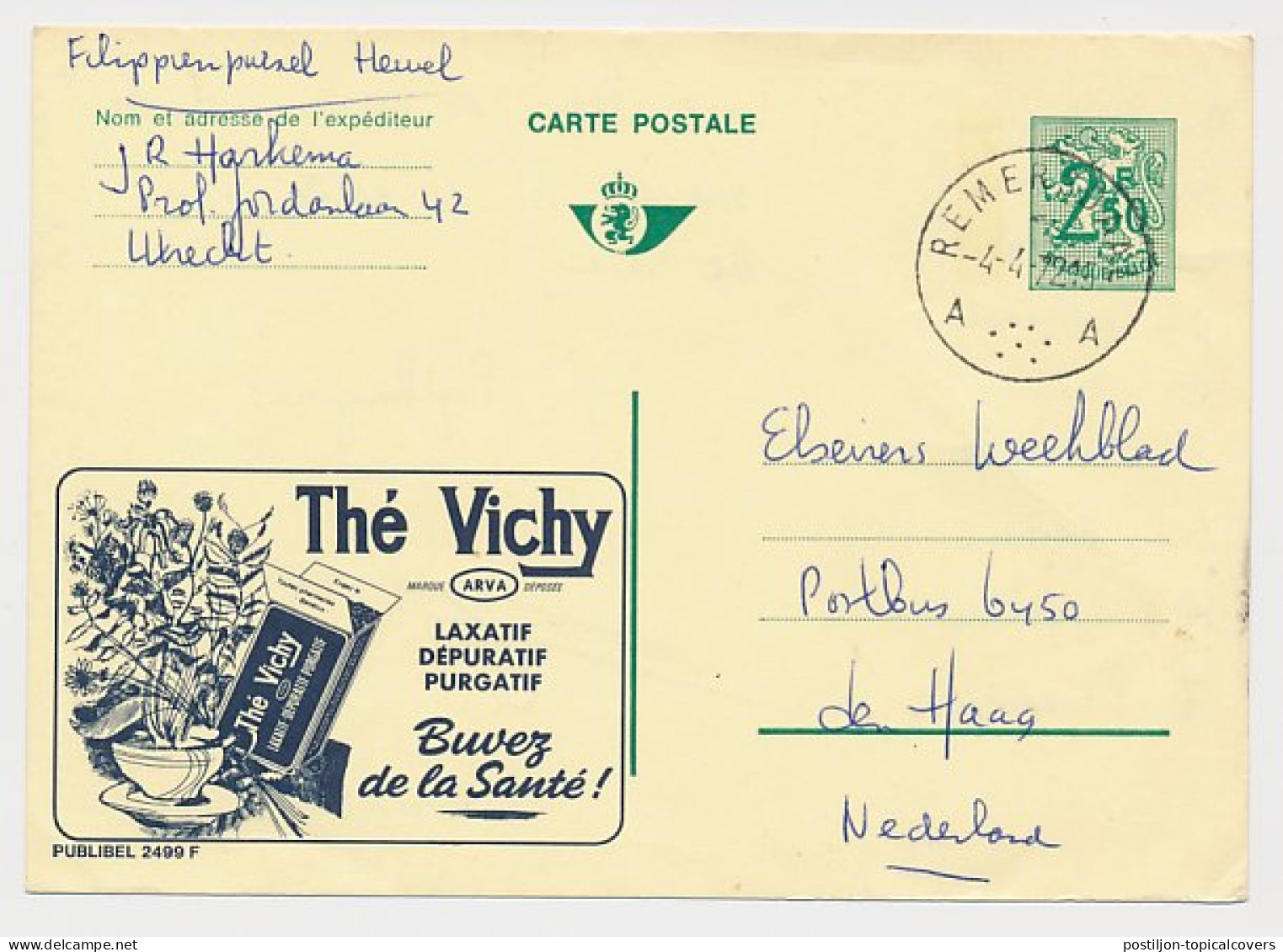 Publibel - Postal Stationery Belgium 1972 Tea - Vichy - Laxative - Purifies The Blood - Autres & Non Classés