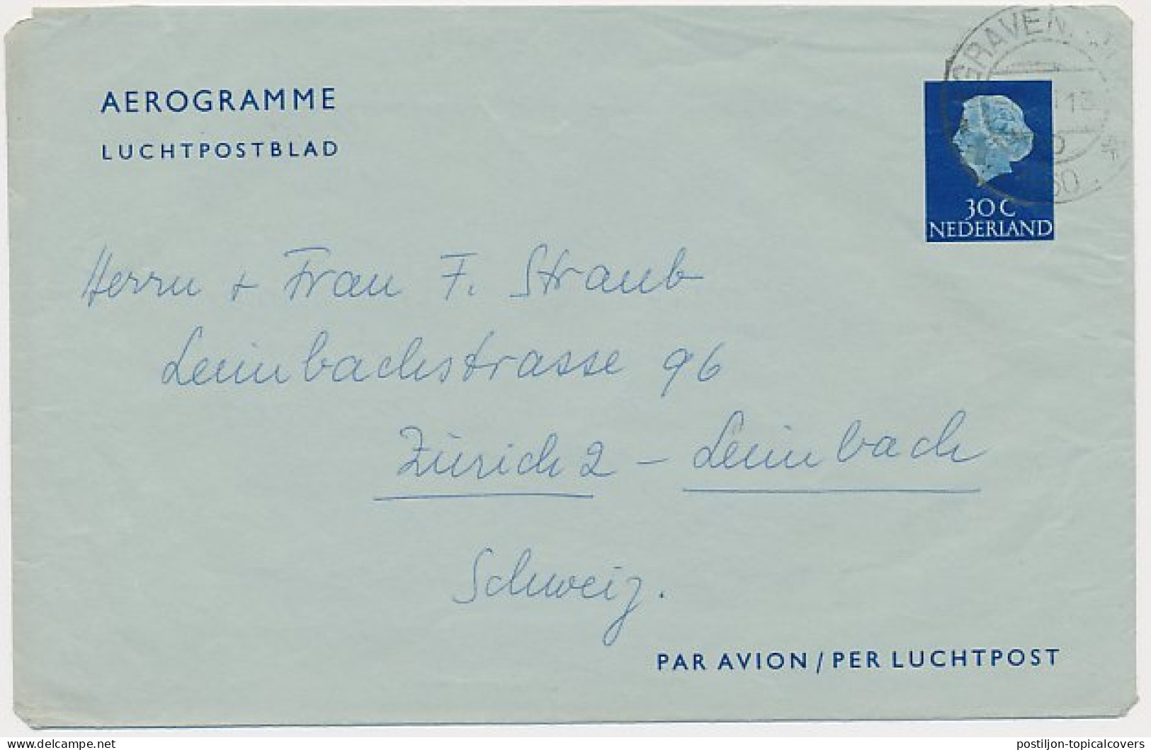 Luchtpostblad G. 10 Den Haag - Zurich Zwitserland 1960 - Postwaardestukken