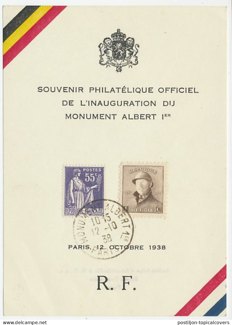 Sheetlet / Postmark France 1938 King Albert I - Statue Paris - Escultura