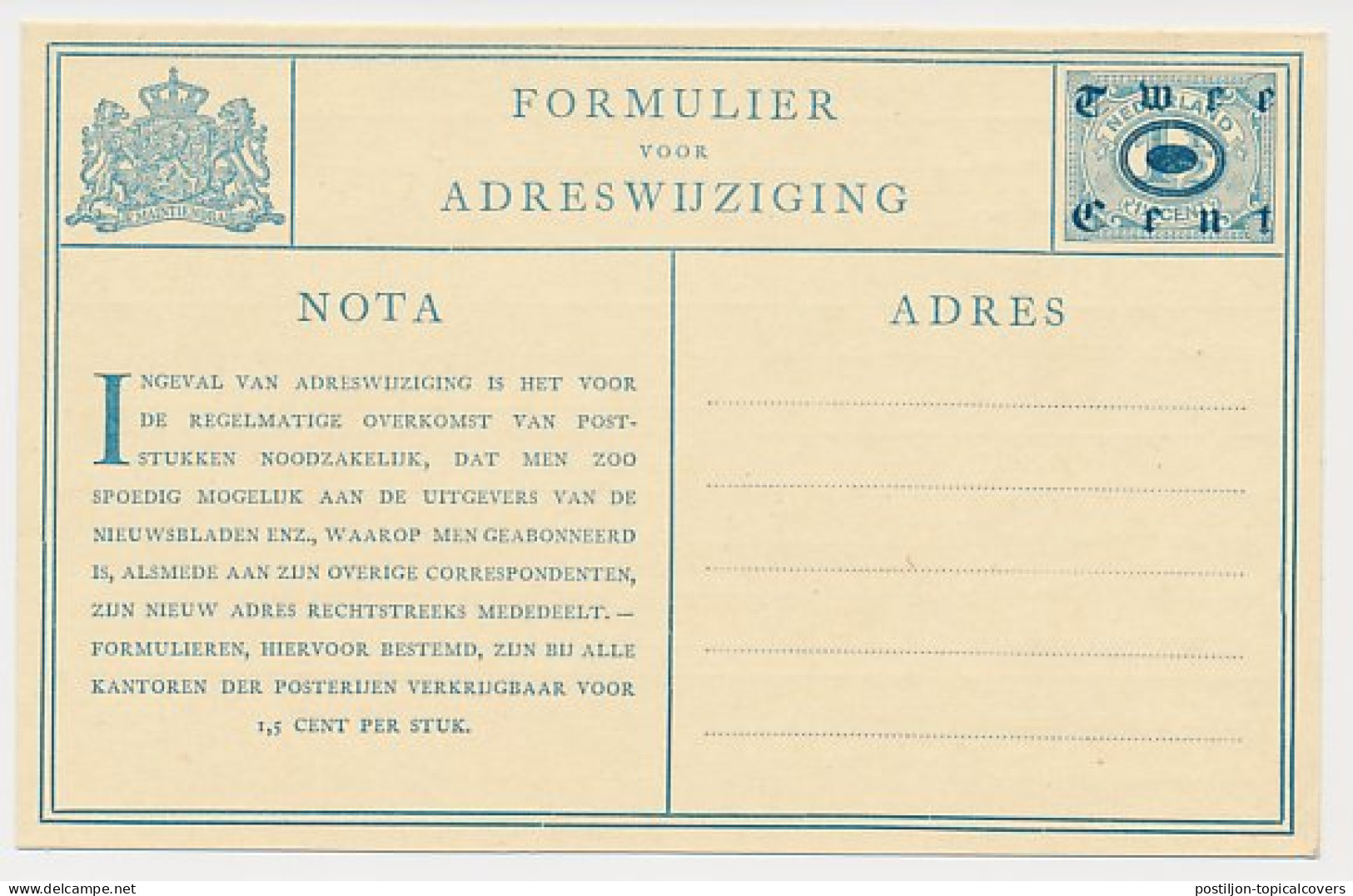 Verhuiskaart G. 2 - Postal Stationery