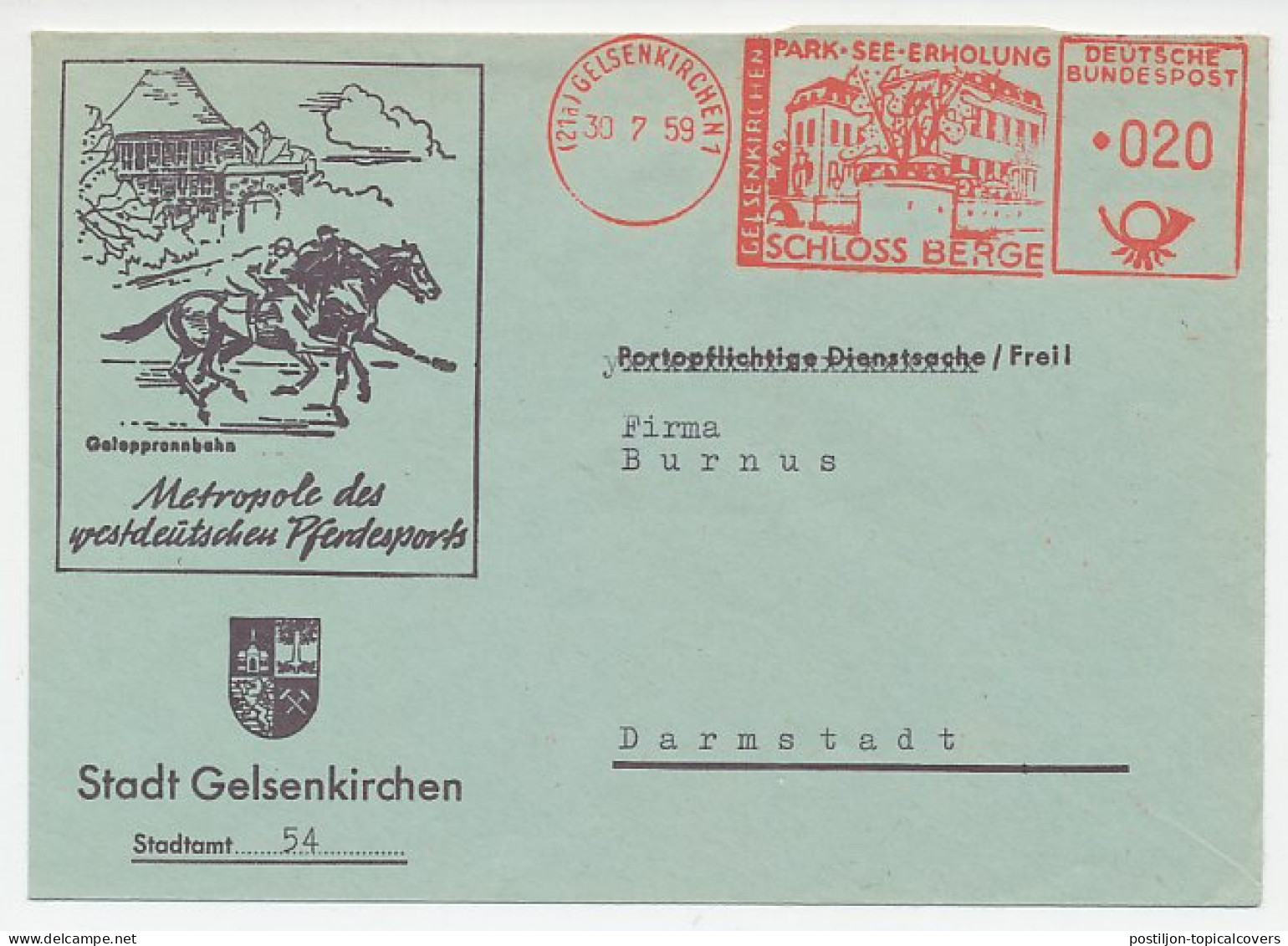Illustrated Meter Cover Germany 1959 Horse - Castle - Horses