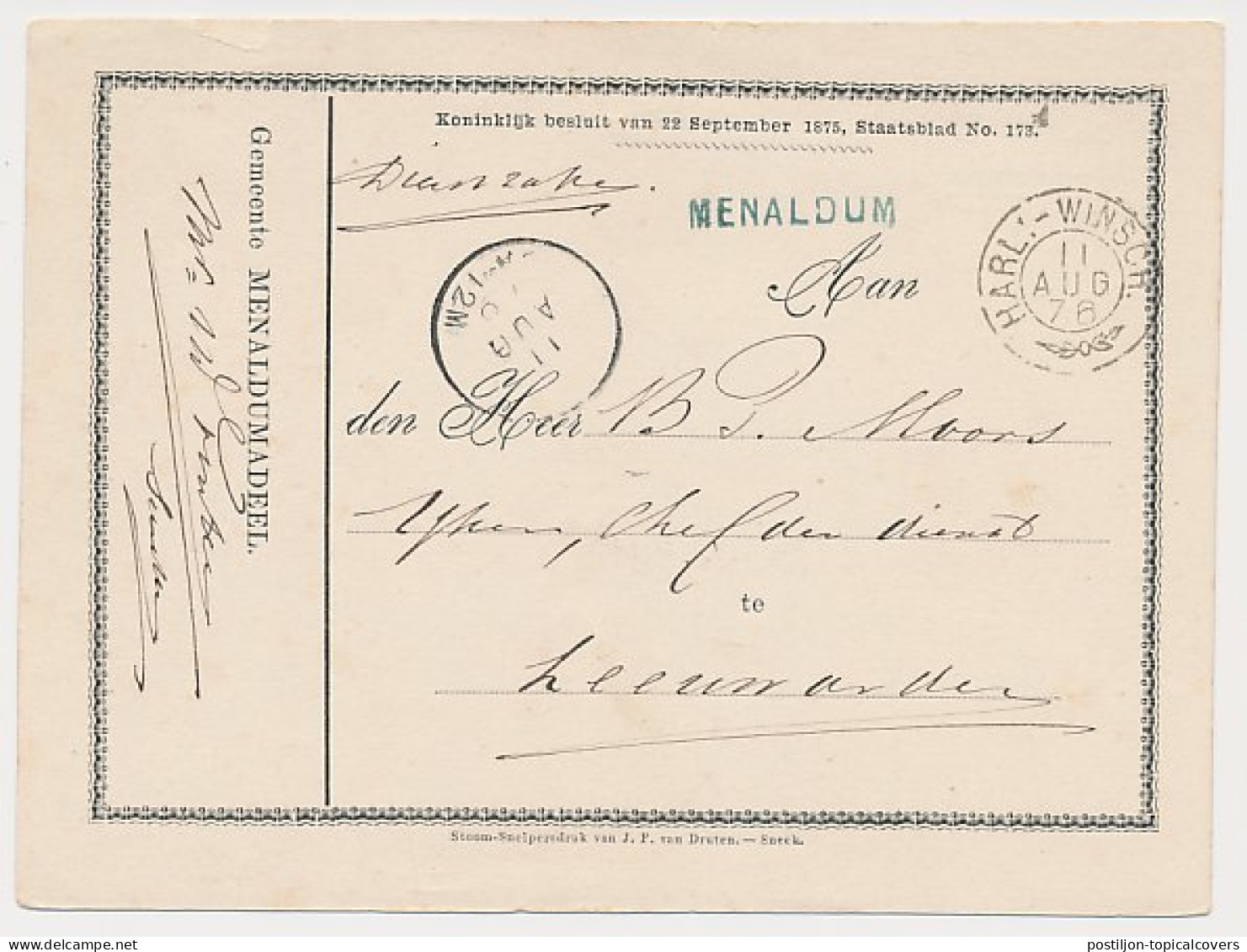 Menaldum - Trein Takjestempel Harlingen - Winschoten 1876 - Lettres & Documents