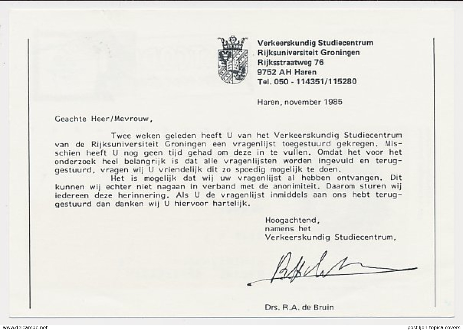 Briefkaart G. 362 Particulier Bedrukt Groningen 1985 - Postwaardestukken