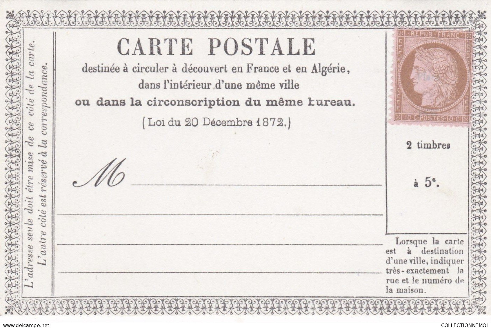 FRANCE ,, ,,1 Carte Precurseur Avec N° 58 Neuf Collé Dessus - 1871-1875 Ceres