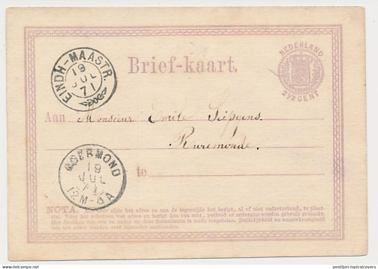 Beek - Trein Takjestempel Eindhoven - Maastricht 1871 - Lettres & Documents