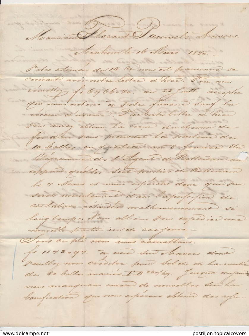 Em. 1867 Arnhem - Belgie 1870 - Grensstempel - Brieven En Documenten