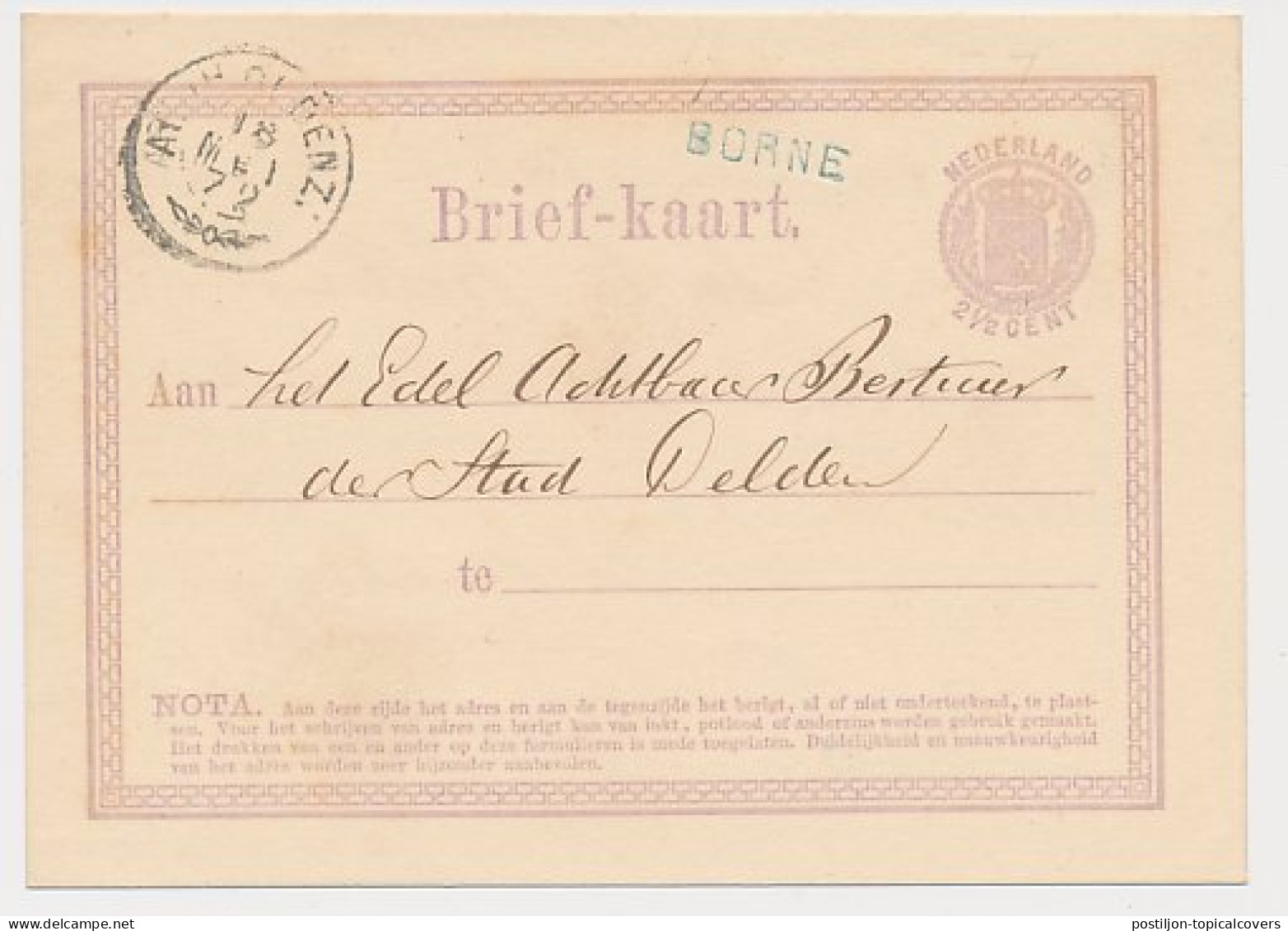 Borne - Trein Takjestempel Arnhem - Oldenzaal 1872 - Cartas & Documentos