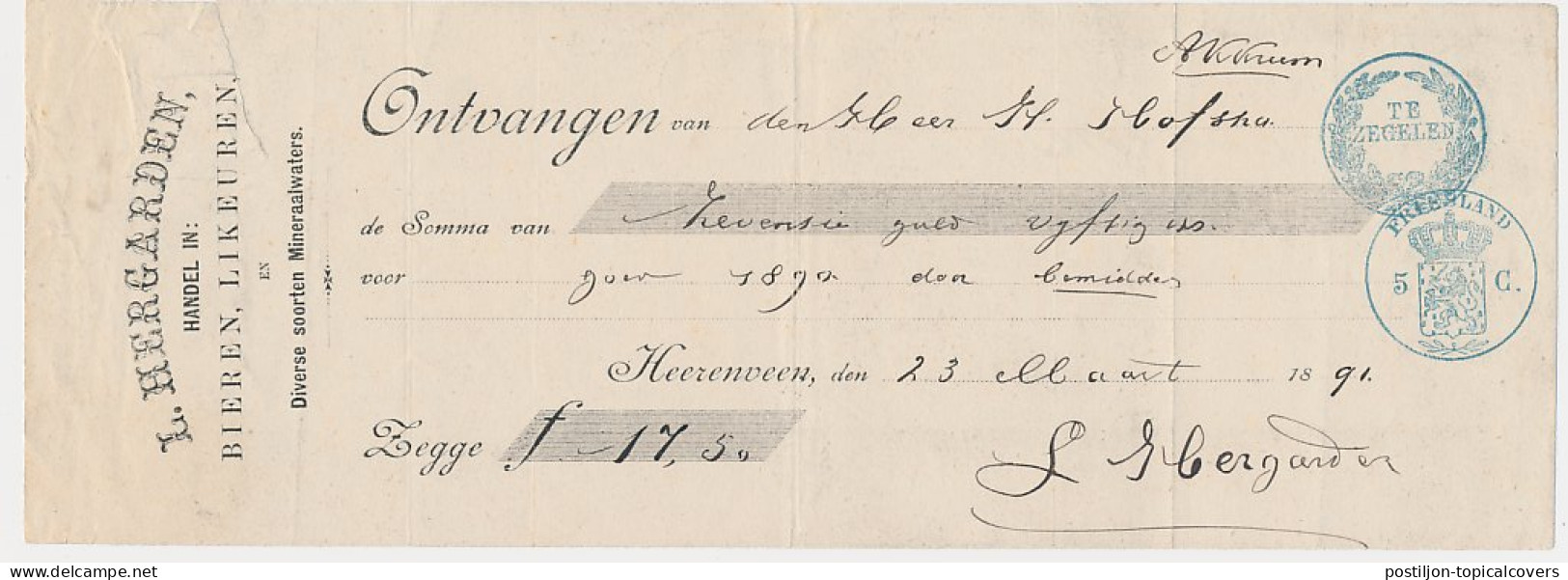 Fiscaal / Revenue - 5 C. Friesland - 1891 - Fiscales