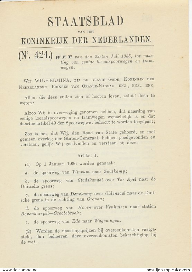 Staatsblad 1935 : Naasting Enige Locaalspoorwegen - Documents Historiques