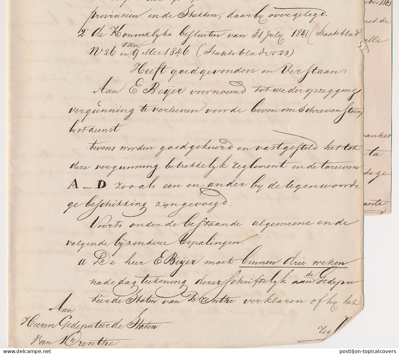 Reglement Stoombootdienst Zwolle - Assen 1863 - Briefe U. Dokumente