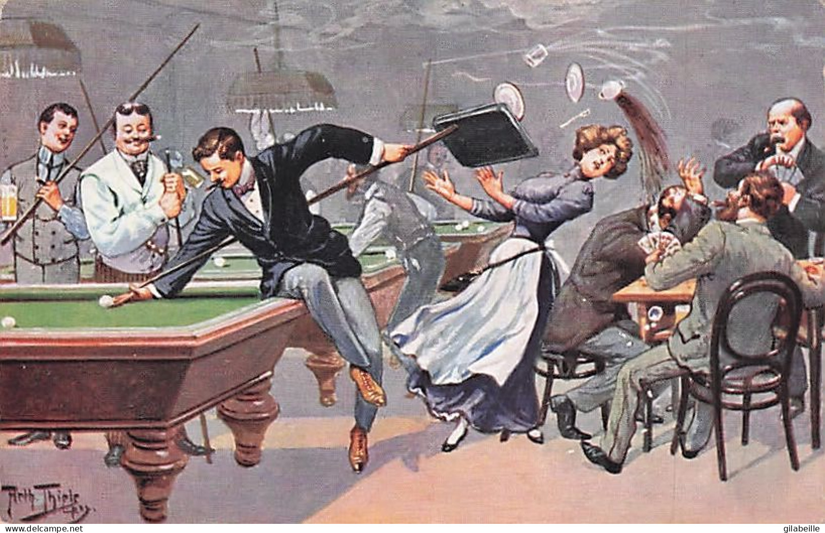 Illustrateur Signé  Arthur Thiele - Scene De Billard Au Café - 1911 - Parfait Etat - Thiele, Arthur