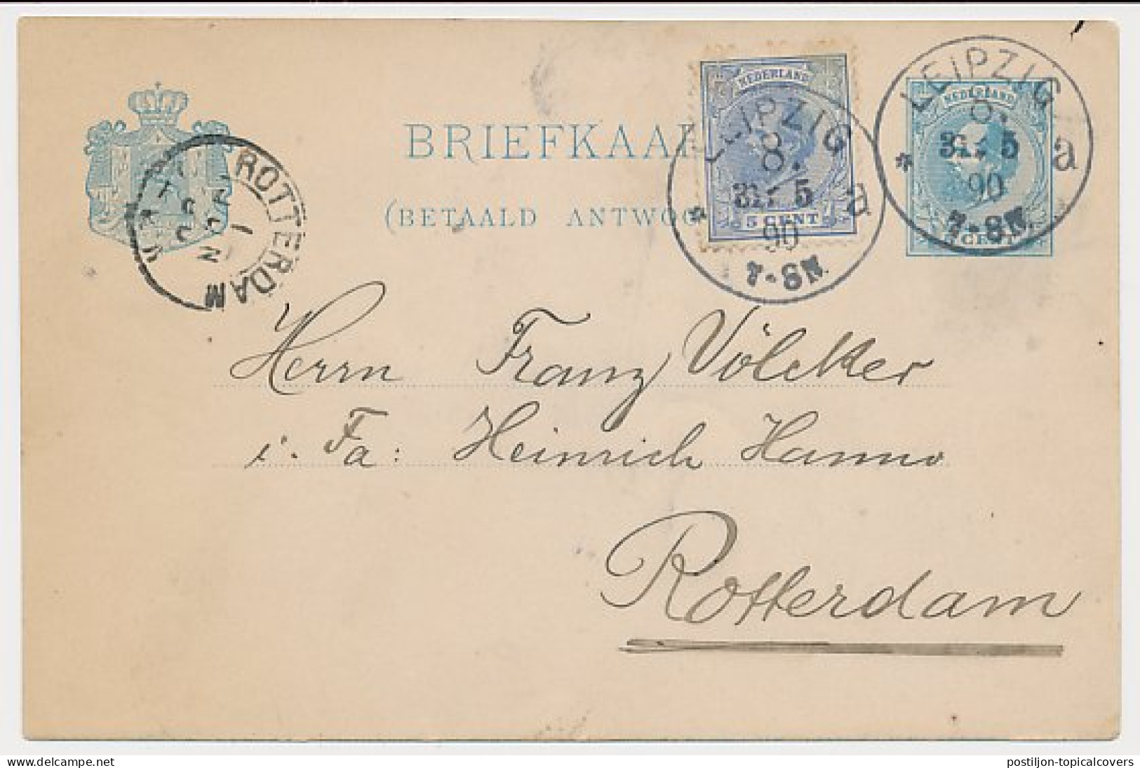 Briefkaart G. 28 A-krt. / Bijfrank. Duitsland - Rotterdam 1890 - Interi Postali