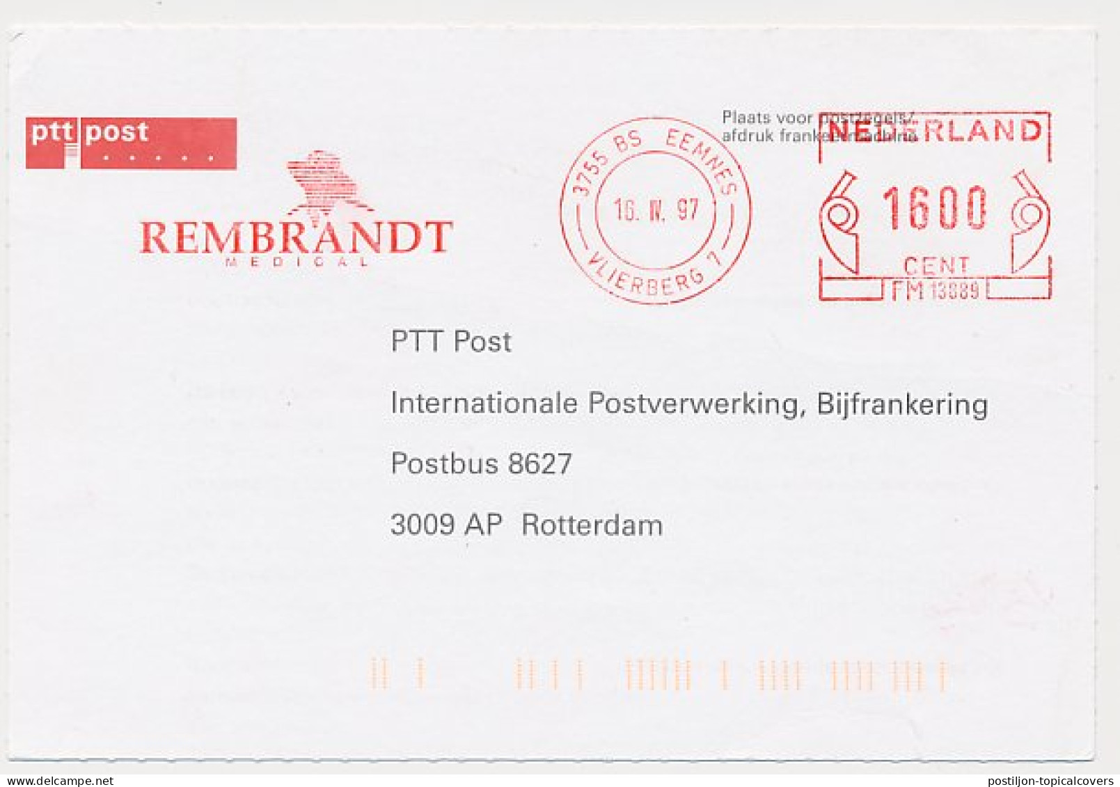 Postage Due Meter Card Netherlands 1997 Rembandt - Medical - Eemnes - Altri & Non Classificati