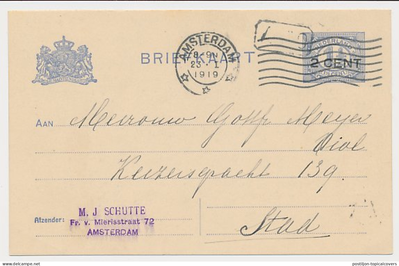 Briefkaart G. 92 II Locaal Te Amsterdam 1919 - Postwaardestukken