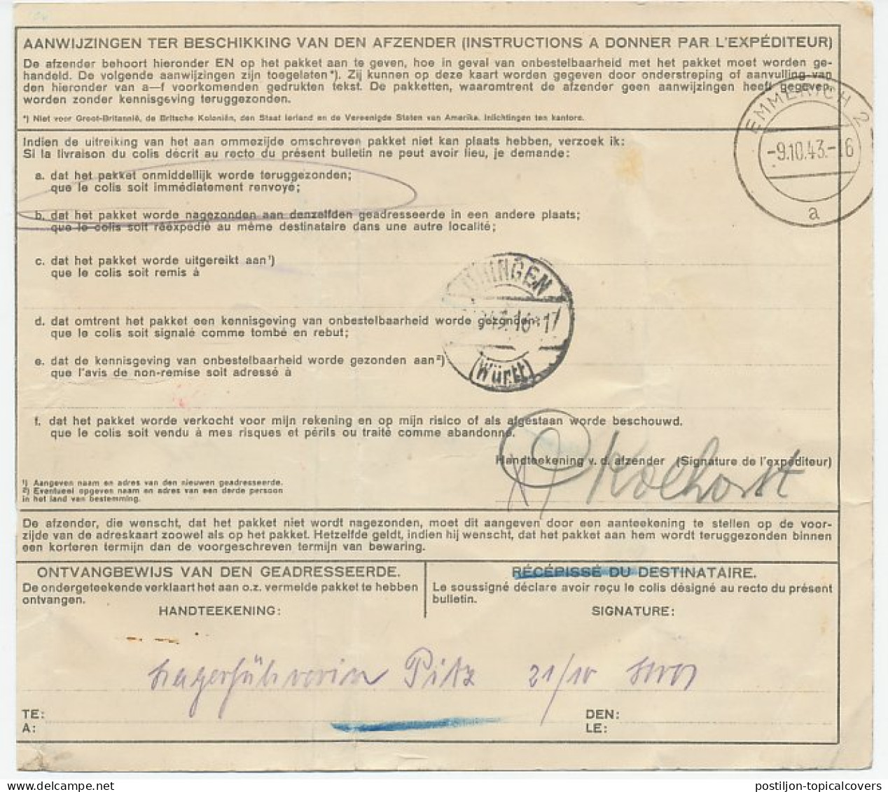 Em. Duif Pakketkaart Haarlem - Duitsland 1943 - Unclassified