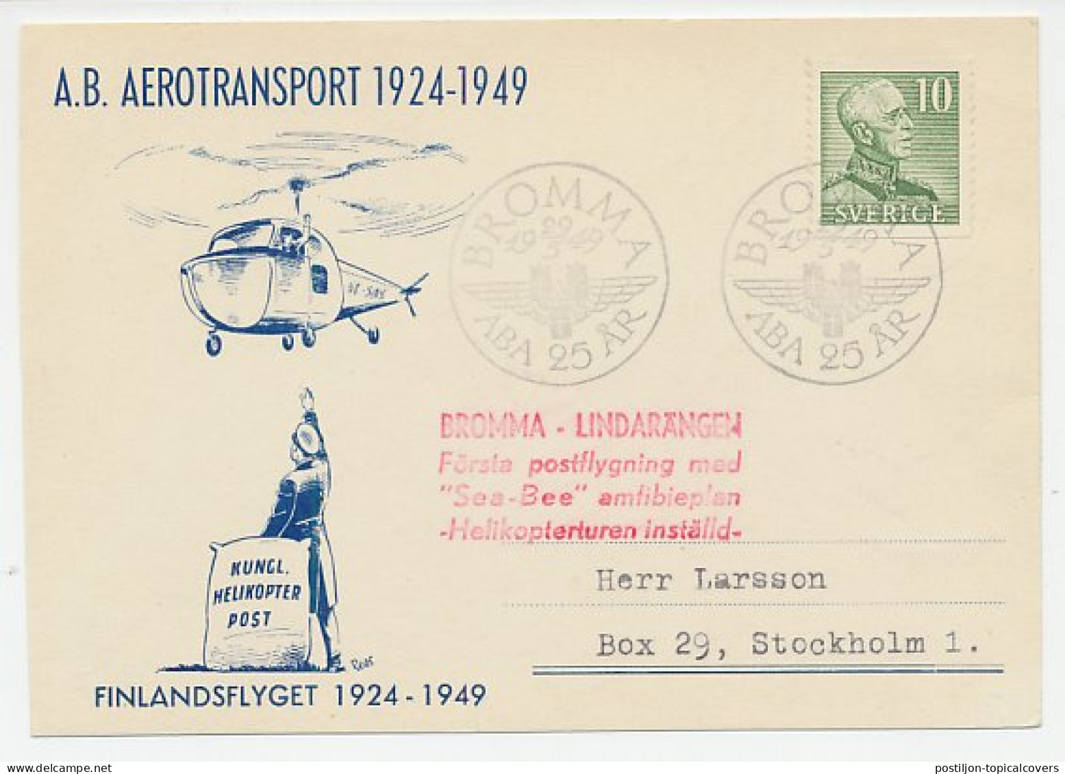 Card / Postmark Sweden 1949 Helicopter Mail - Flugzeuge