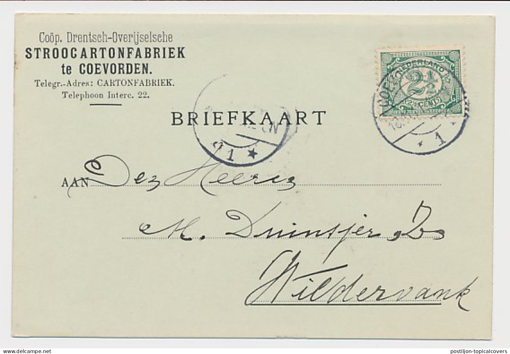 Firma Briefkaart Coevorden 1911 - Stroocartonfabriek - Zonder Classificatie