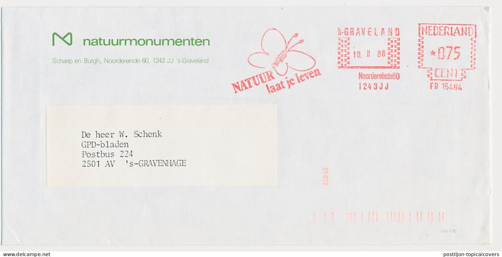 Meter Cover Netherlands 1988 Butterfly - Nature Lets You Live - S-Graveland - Altri & Non Classificati