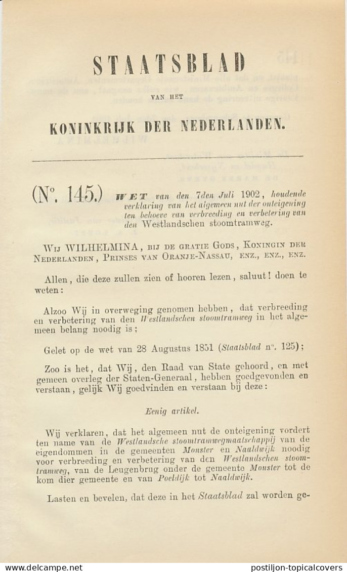 Staatsblad 1902 : Spoorlijn Monster - Poeldijk - Naaldwijk - Documents Historiques
