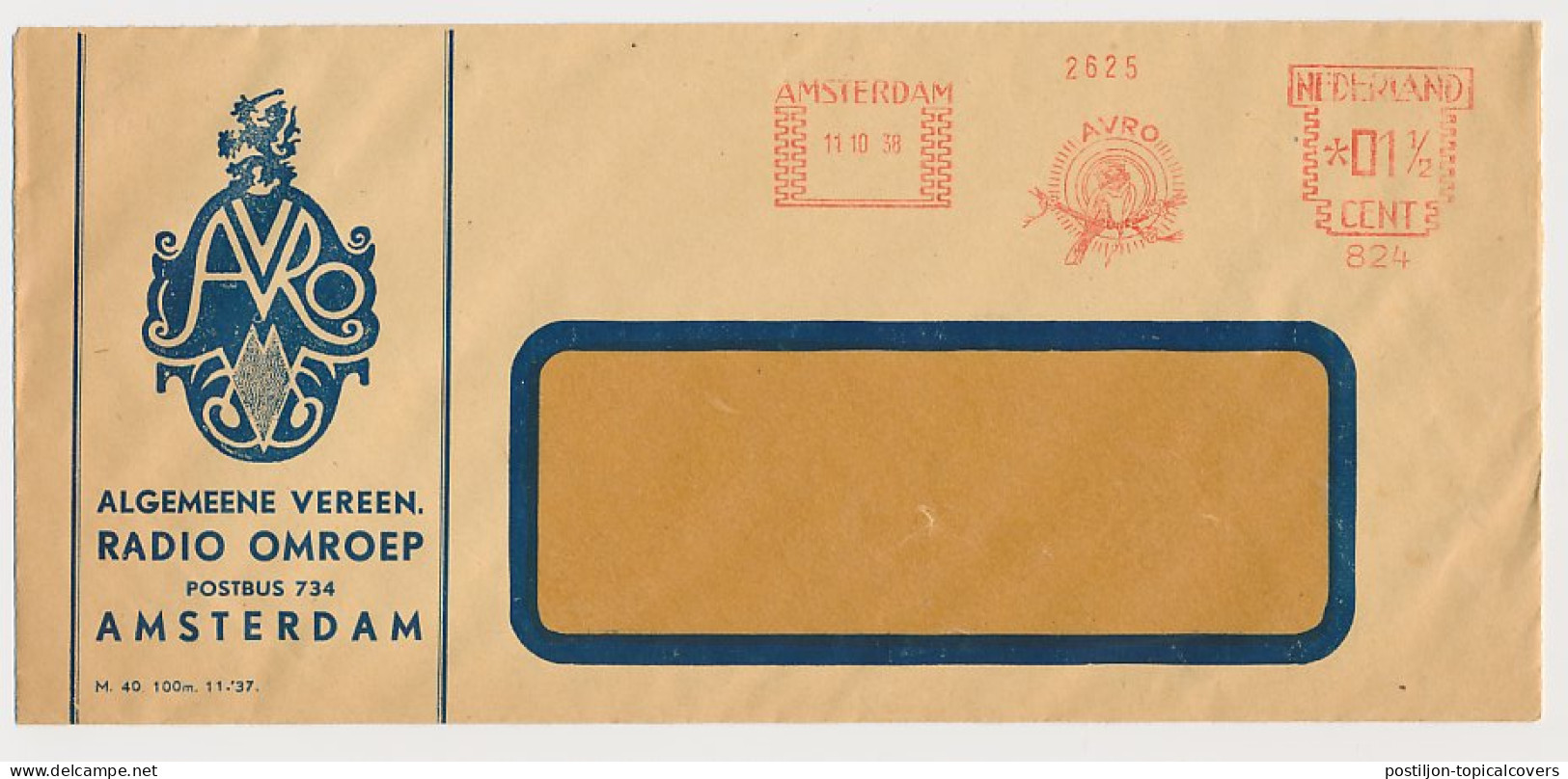 Meter Cover Netherlands 1938 Bird - Finch - Eavesdropper - AVRO - Other & Unclassified
