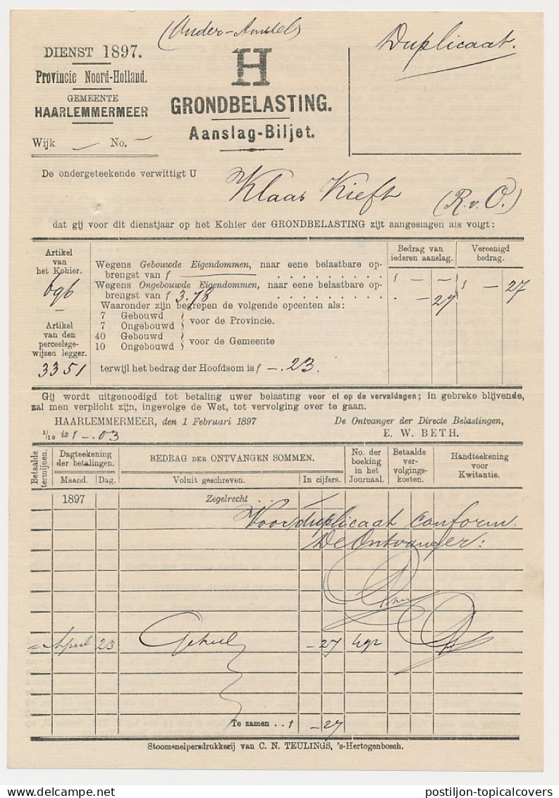 Aanslagbiljet Haarlemmermeer 1897 - Fiscale Zegels