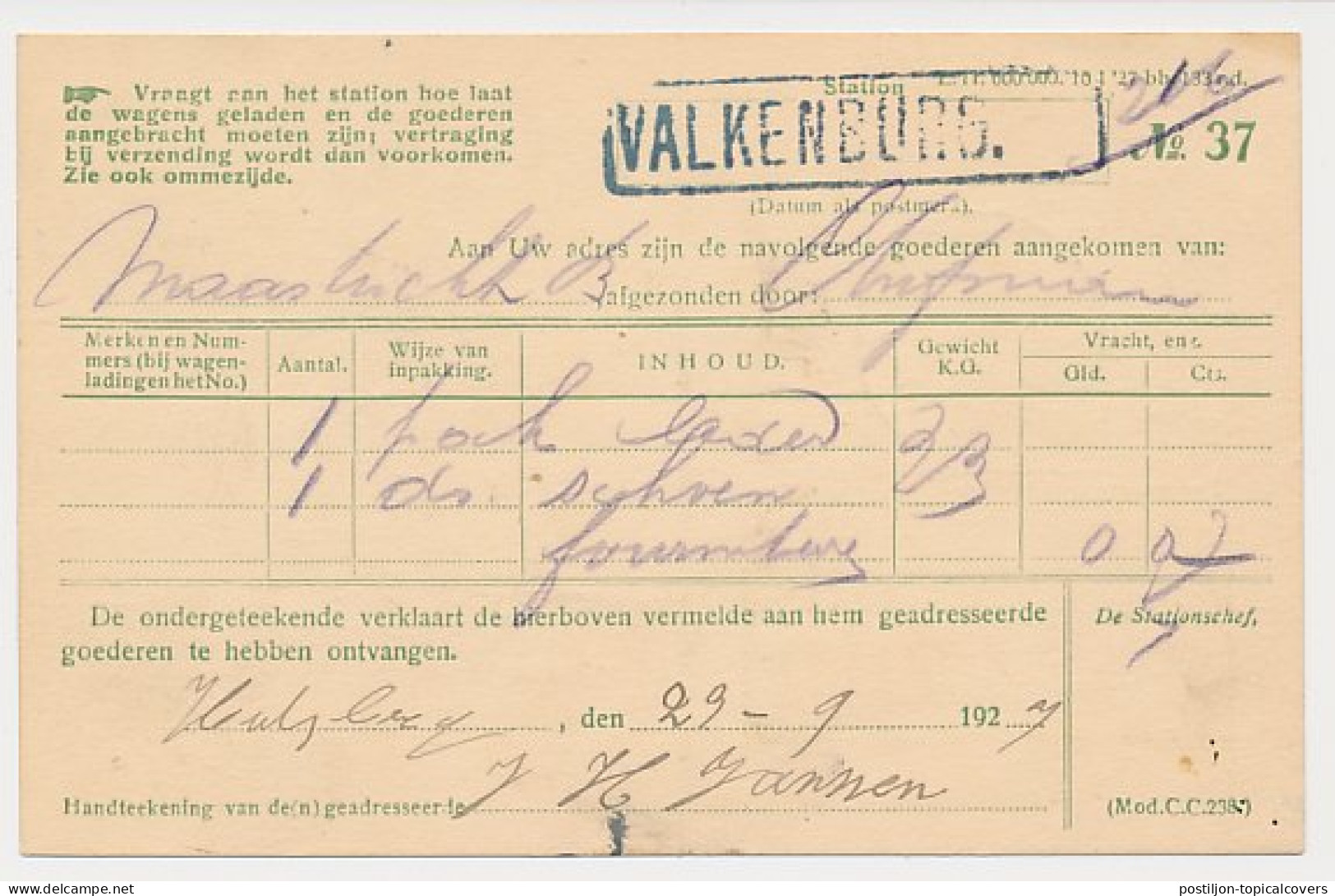 Spoorwegbriefkaart G. NS216 C - Valkenburg - Hulsberg 1927 - Postwaardestukken