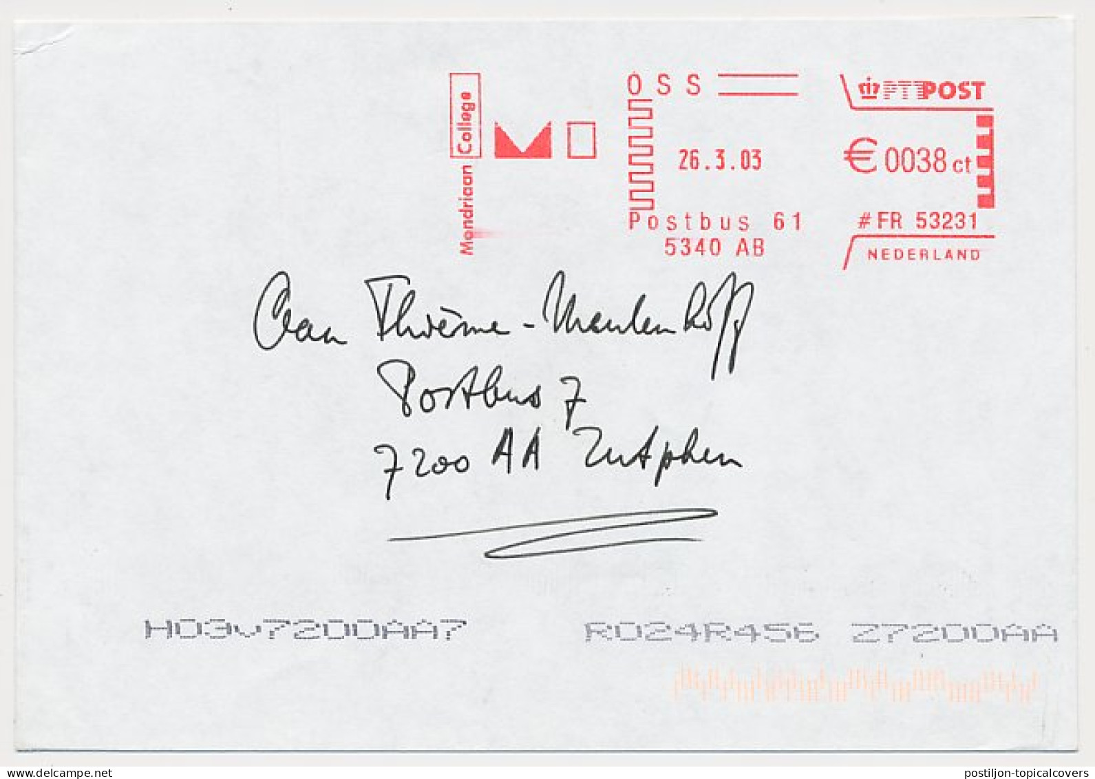 Meter Cover Netherlands 2003 Piet Mondriaan - Oss - Other & Unclassified