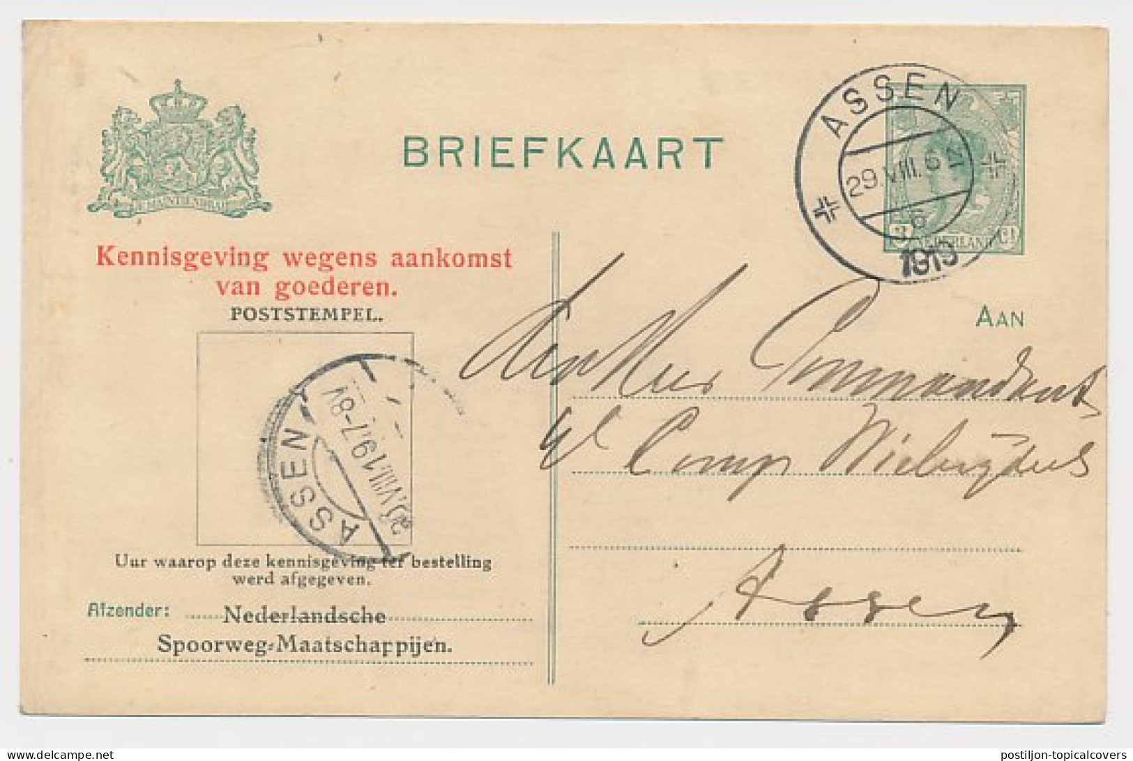 Spoorwegbriefkaart G. NSM99a-I A - Locaal Te Assen 1919 - Ganzsachen