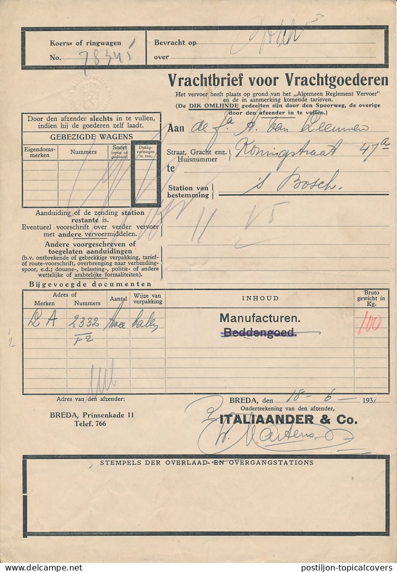 Vrachtbrief / Spoorwegzegel N.S. Breda - S Hertogenbosch 1931 - Zonder Classificatie