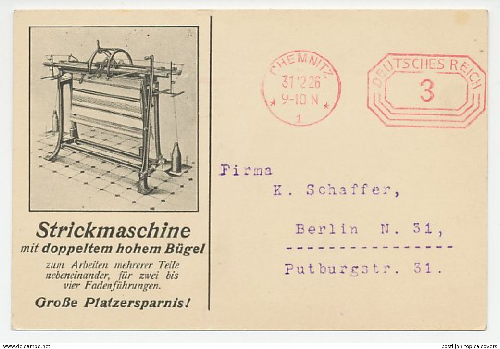 Illustrated Meter Card Deutsches Reich / Germany 1926 Knitting Machine - Textil