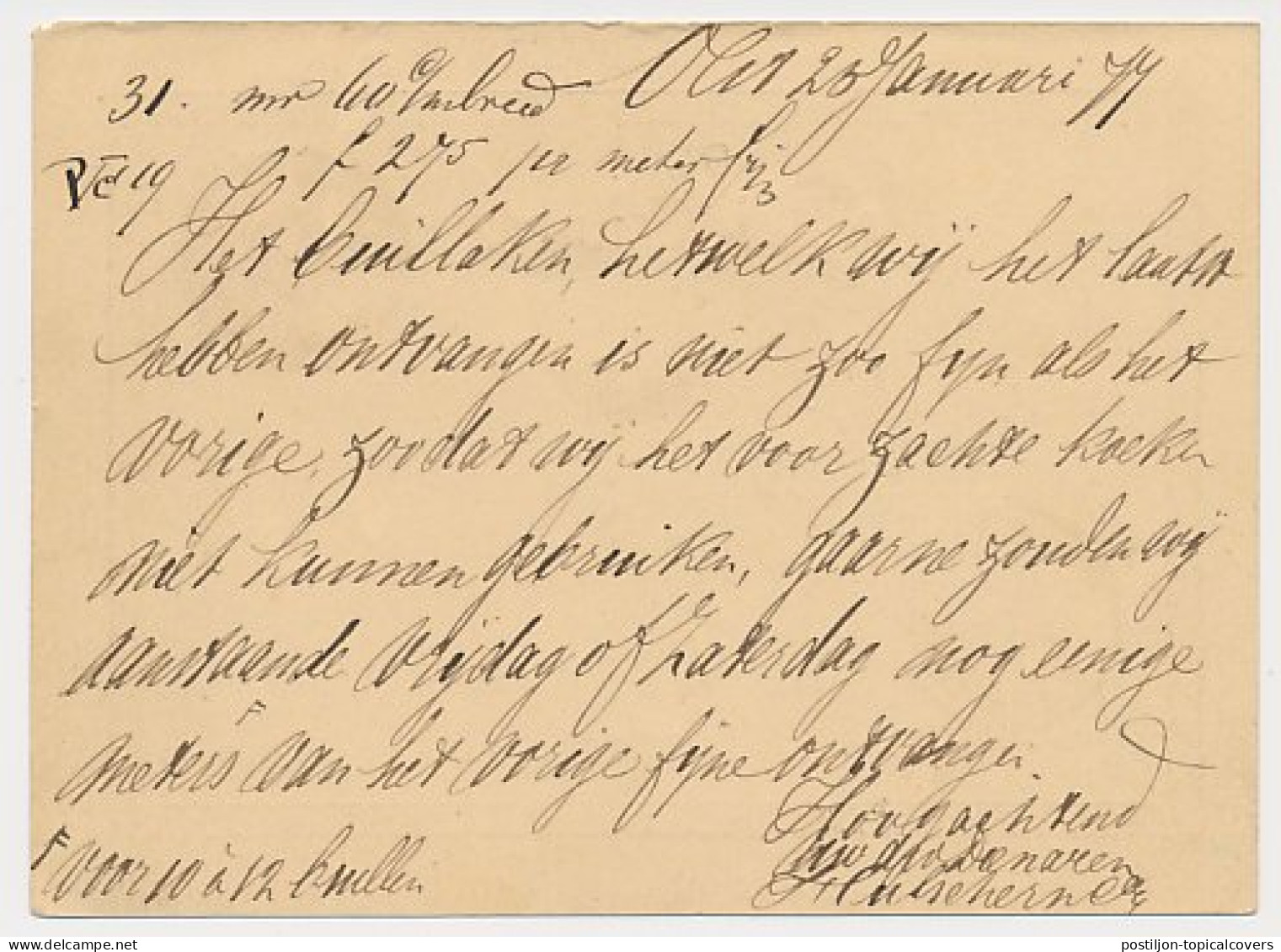 Olst - Trein Takjestempel Zutphen - Leeuwarden 1877 - Cartas & Documentos