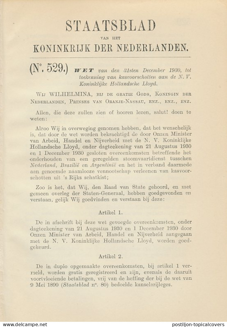 Staatsblad 1930 : Stoomvaart Koninklijke Hollandschen Lloyd - Documents Historiques
