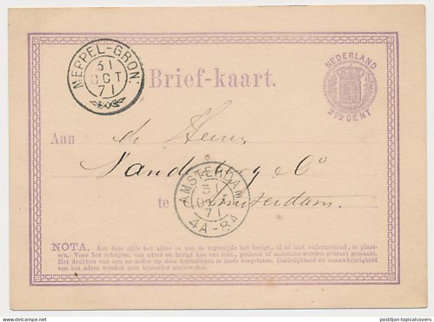 Assen - Trein Takjestempel Meppel - Groningen 1871 - Cartas & Documentos