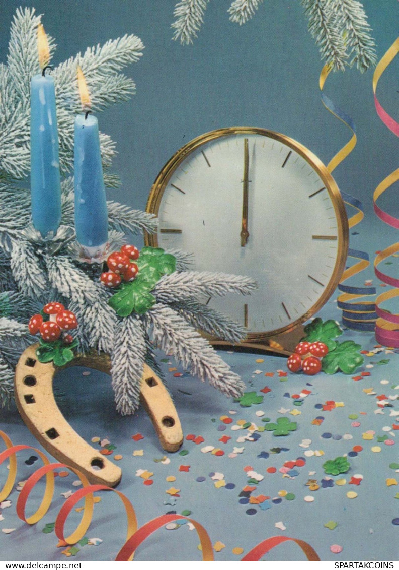 Happy New Year Christmas TABLE CLOCK HORSESHOE Vintage Postcard CPSM #PAT739.GB - Nouvel An