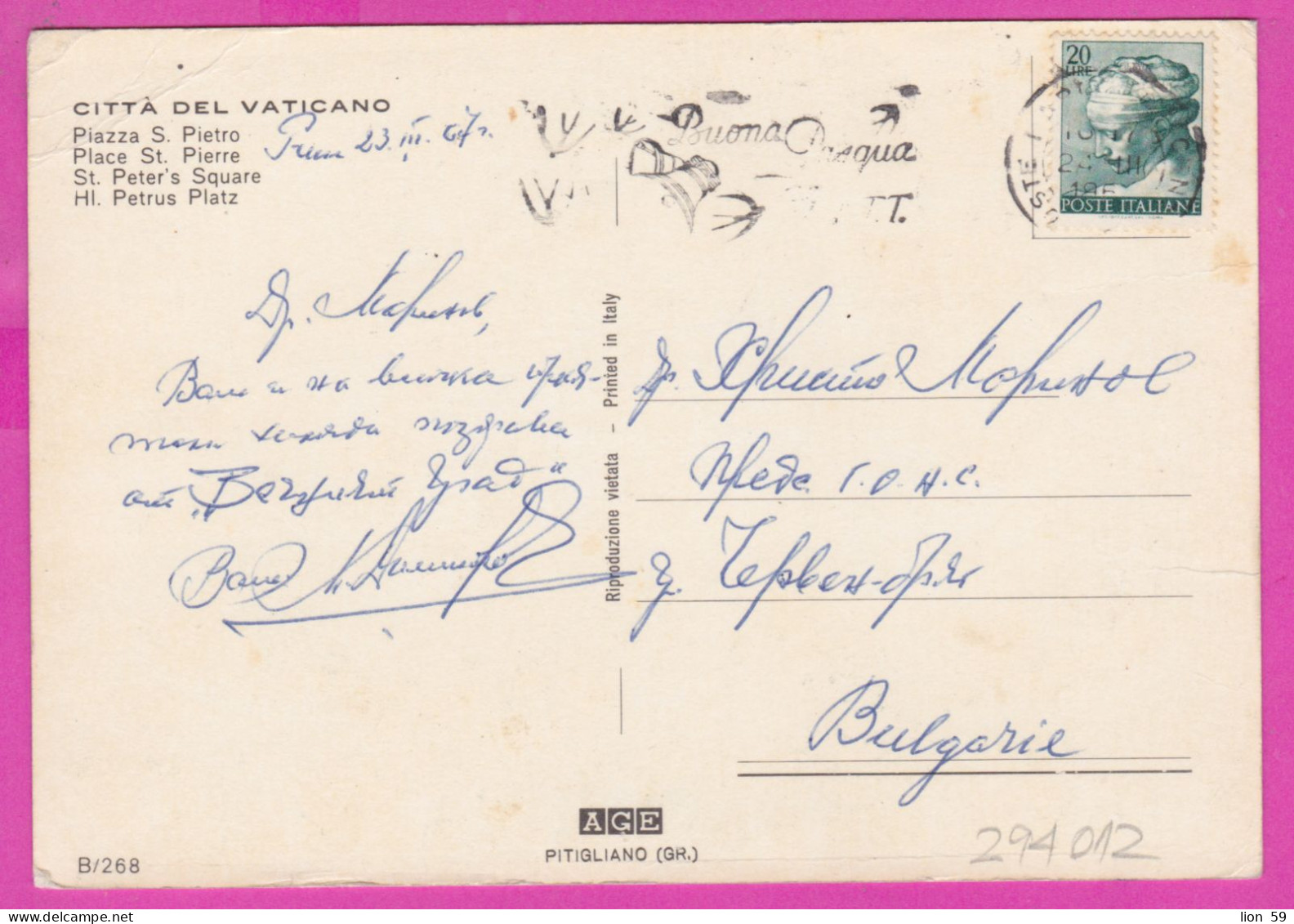 294012 / Italy - CITTA DEL VATICANO Piazza S. Pietro PC 1967 USED 20 L Sistine Chapel By Michelangelo Flamme Easter - 1961-70: Poststempel