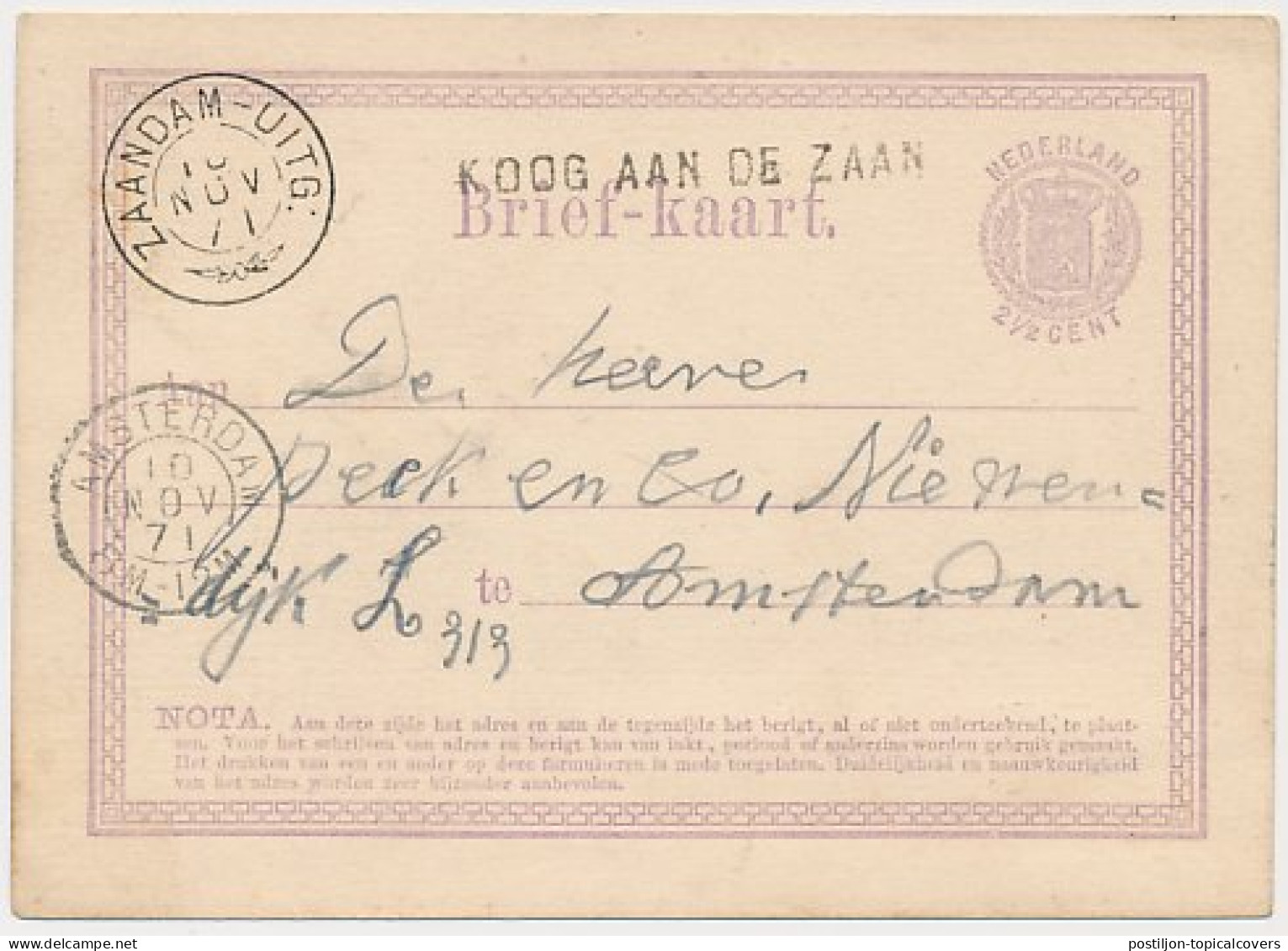 Koog Aan De Zaan - Trein Takjestempel Zaandam - Uitgeest 1871 - Brieven En Documenten