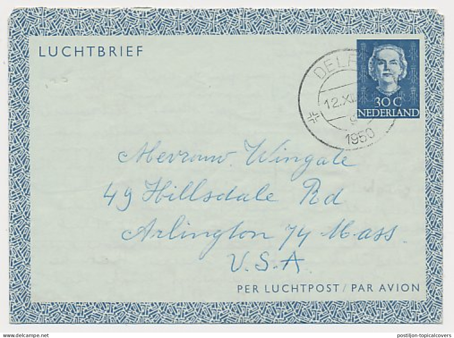 Luchtpostblad G. 3 Delft - Arlington USA 1950  - Postal Stationery