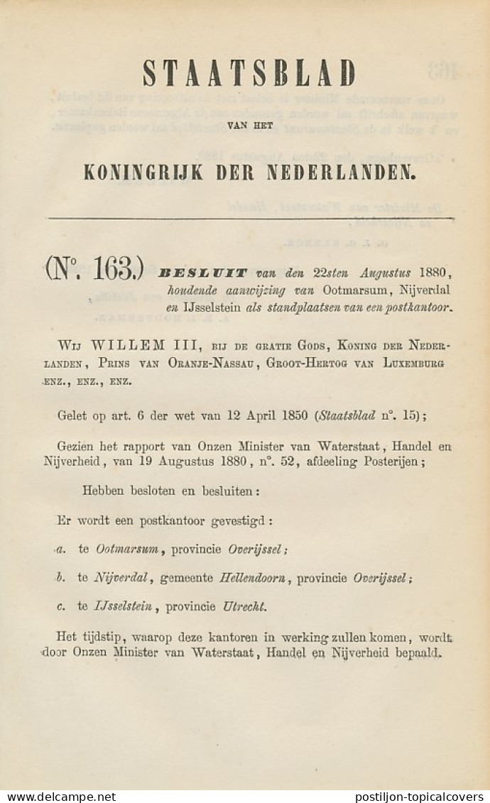 Staatsblad 1880 - Betreffende Postkantoor O.a. Ootmarsum - Nijve - Cartas & Documentos