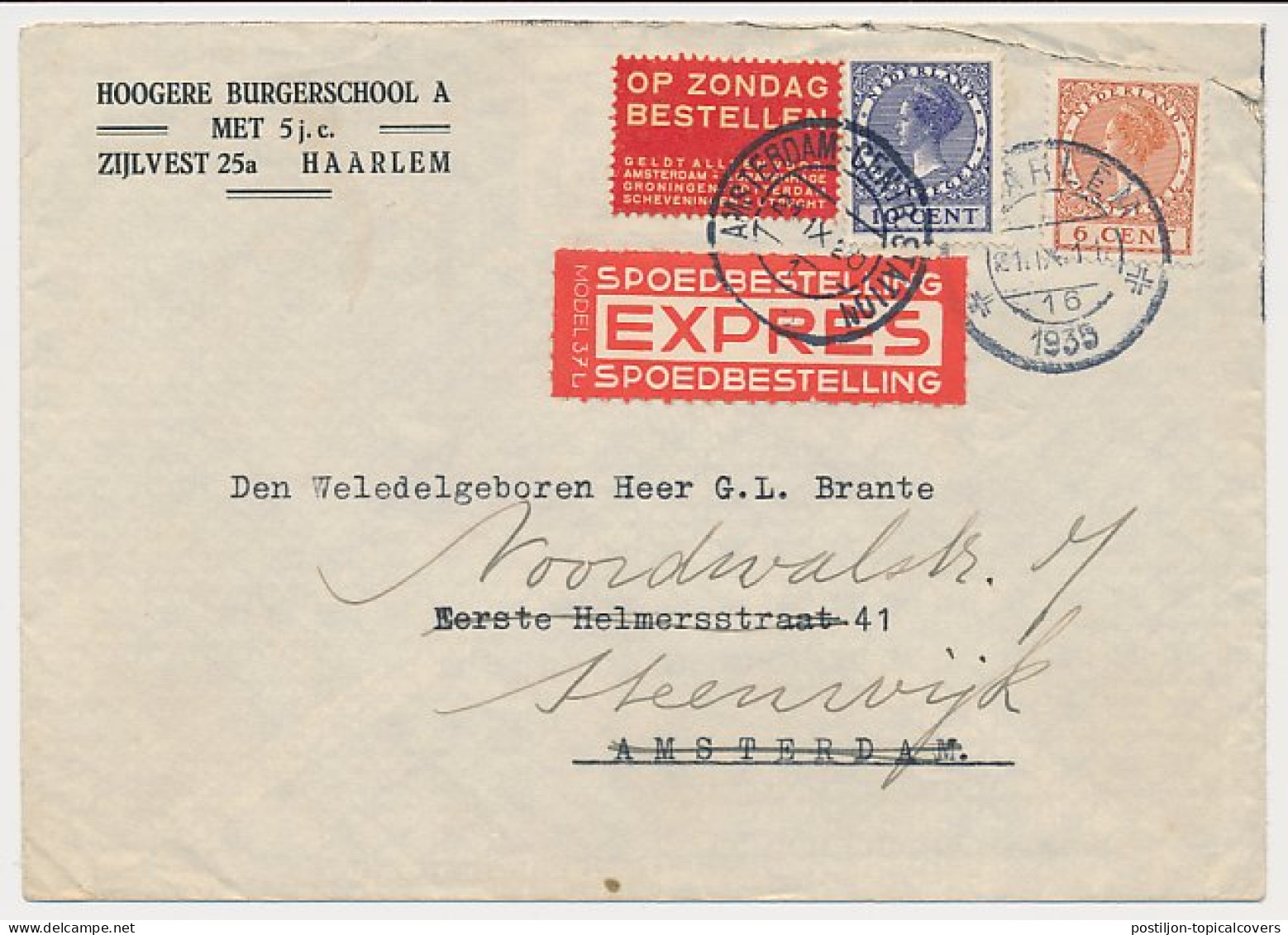 Op Zondag Bestellen - Amsterdam 1935 - Bijgefrankeerd Expresse - Covers & Documents