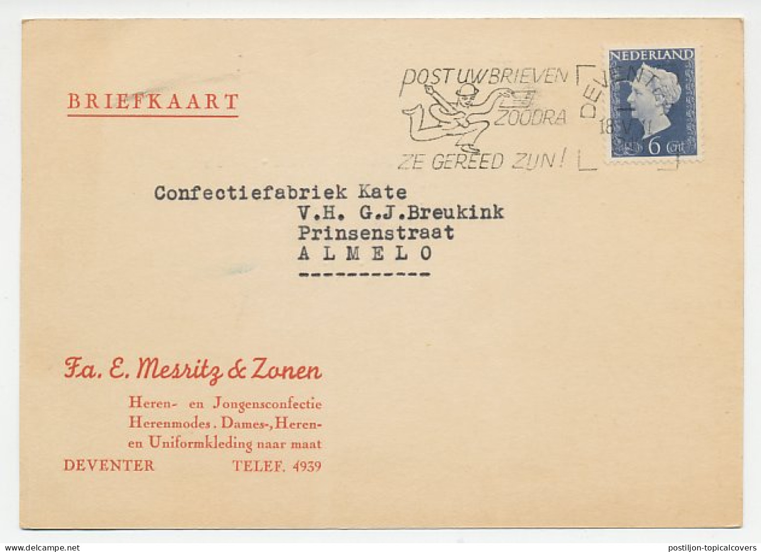 Firma Briefkaart Deventer 1949 - Confectie / Kleding - Ohne Zuordnung