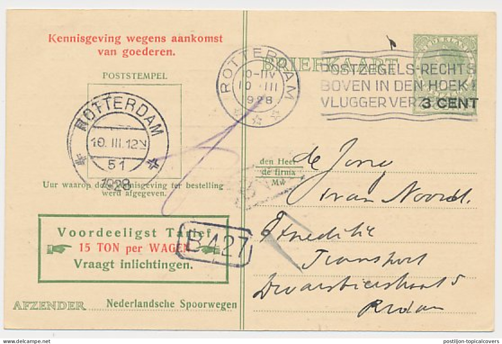 Spoorwegbriefkaart G. PNS216 E - Locaal Te Rotterdam 1928 - Postal Stationery