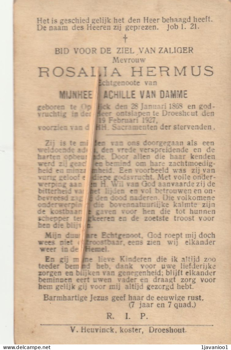 Opwijk, Opwijck, Droeshout, 1927 Rosalia Hermus, Van Damme - Devotieprenten