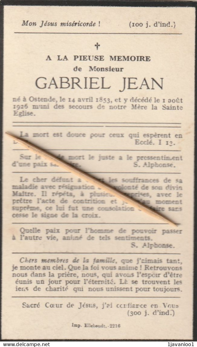 Oostende, Ostende, 1926, Gabriel Jean, - Devotieprenten