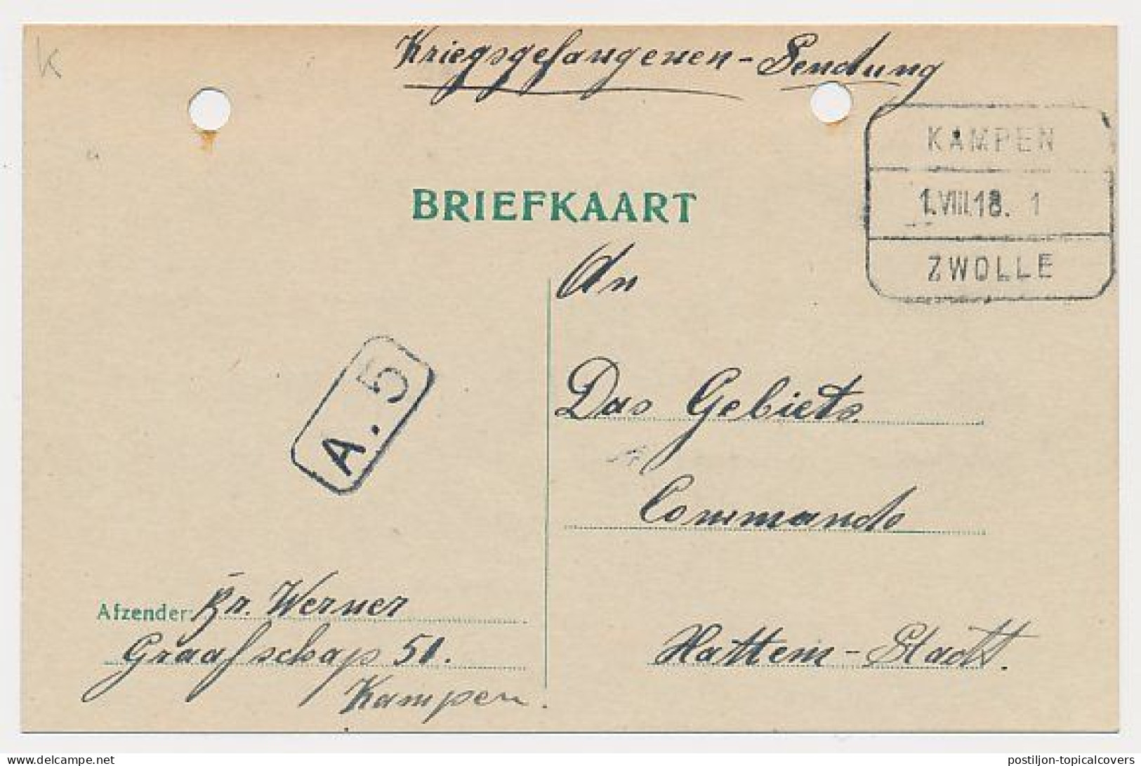 WOI - Internering POW / Kriegsgefangenen Kampen - Lager Hattem 1918 - Cartas & Documentos