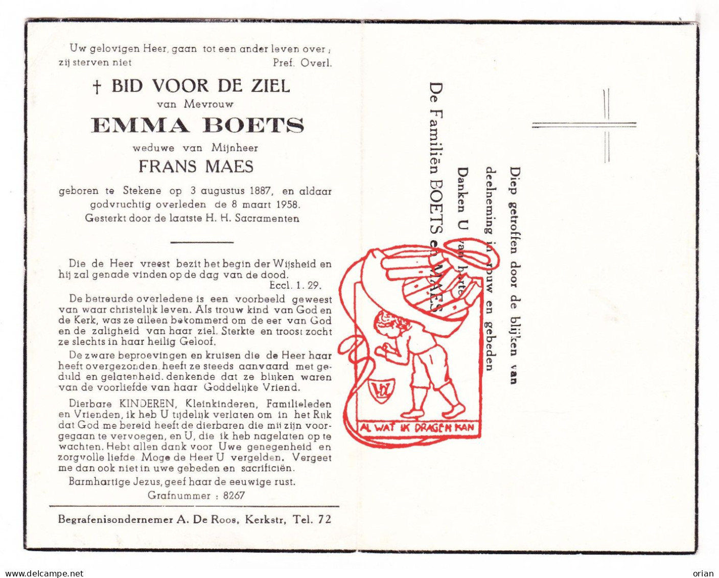 DP Emma Boets ° Stekene 1887 † 1958 X Frans Maes - Images Religieuses